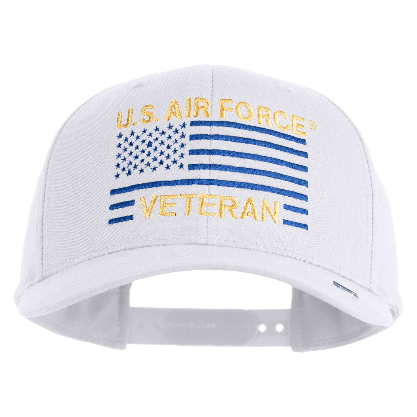 White cap with U.S. Air Force Veteran text and flag design on a white background