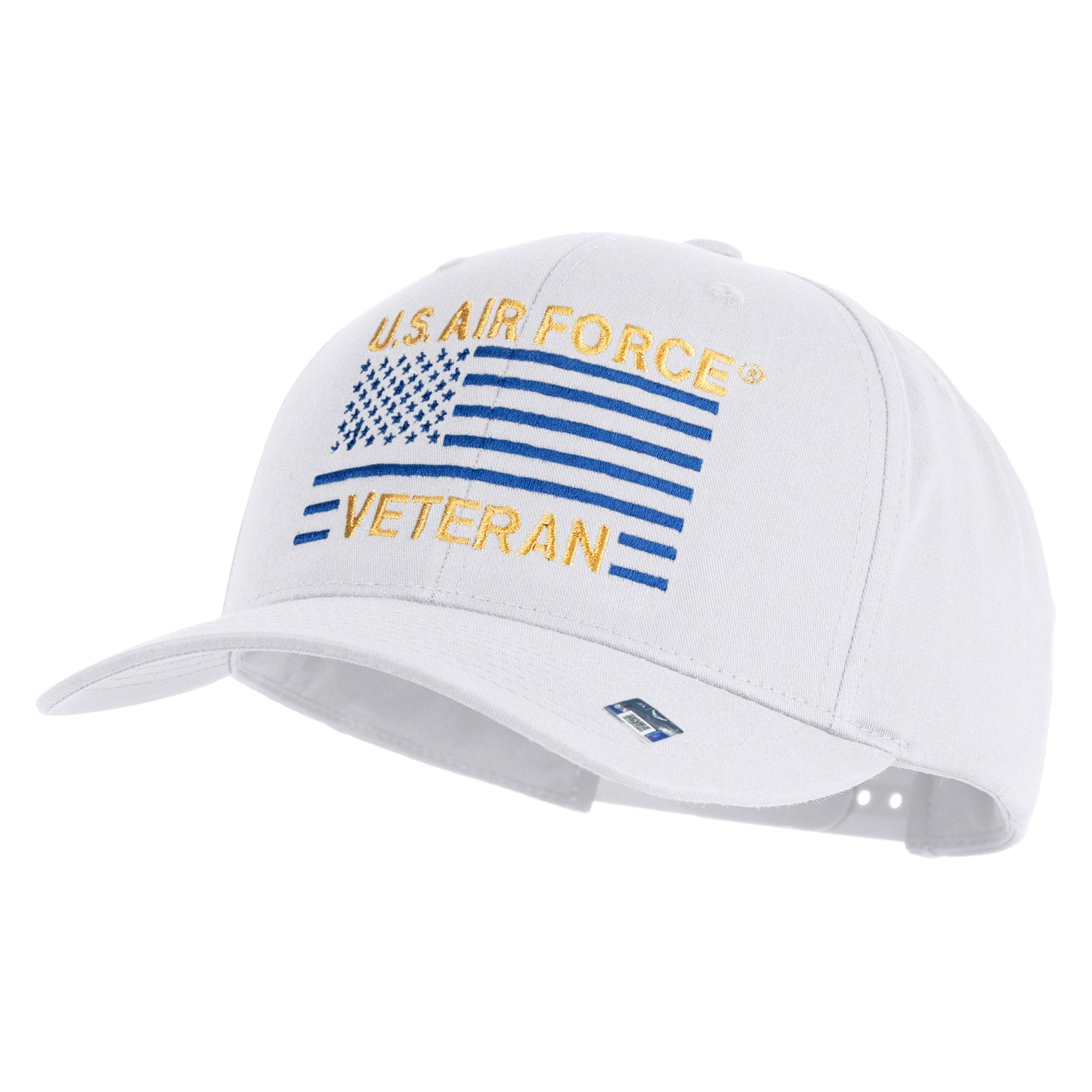 White cap with U.S. Air Force Veteran text and flag design on a white background