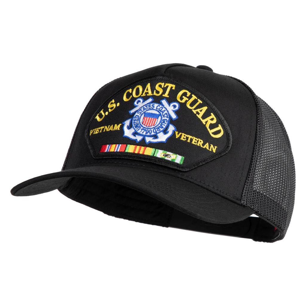 Black U.S. Coast Guard Vietnam Veteran cap with embroidered details on a white background