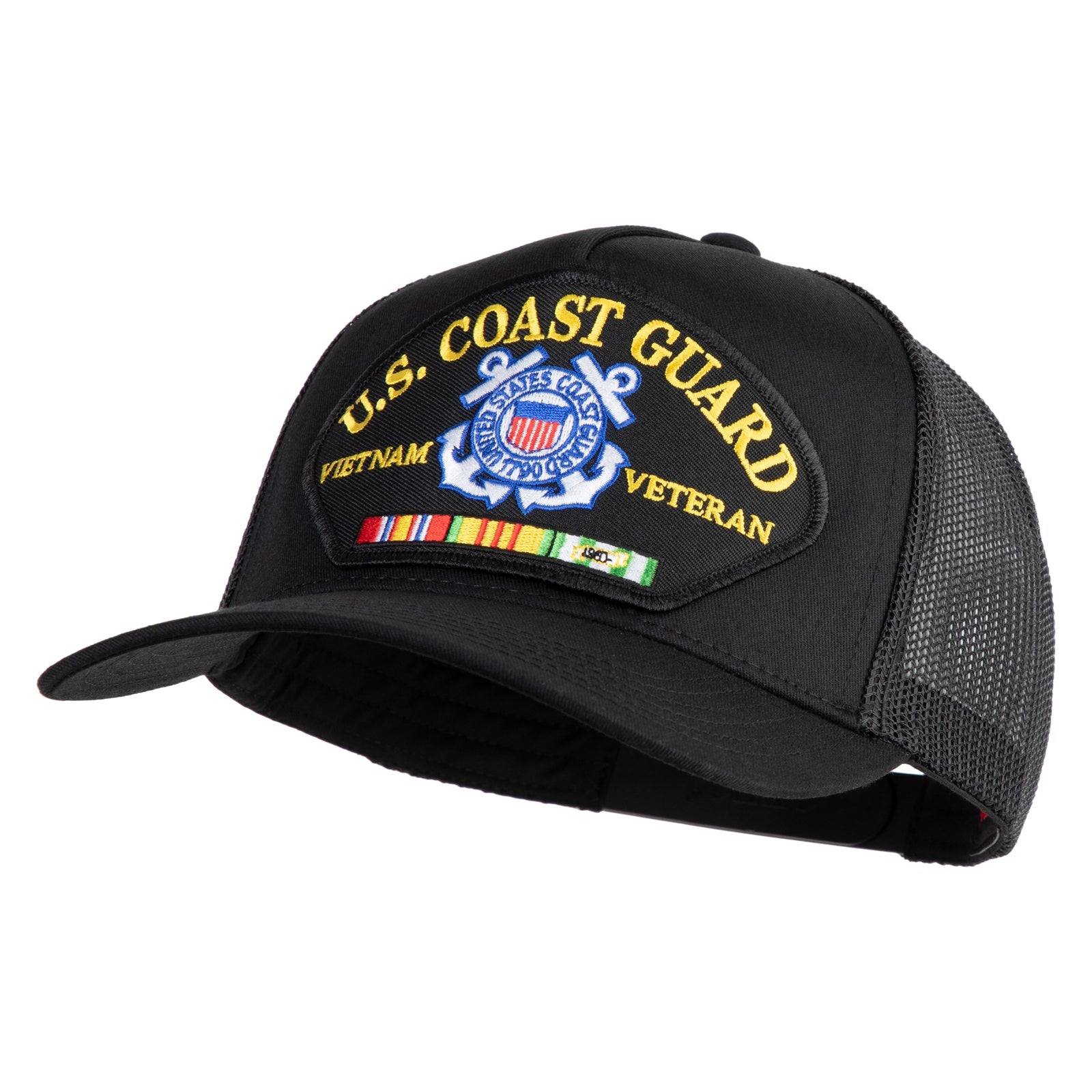 Black U.S. Coast Guard Vietnam Veteran cap with embroidered details on a white background