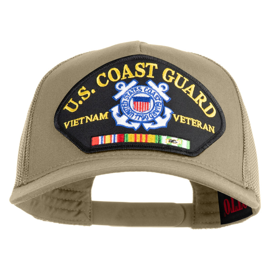 Beige cap with U.S. Coast Guard Vietnam Veteran patch on a white background