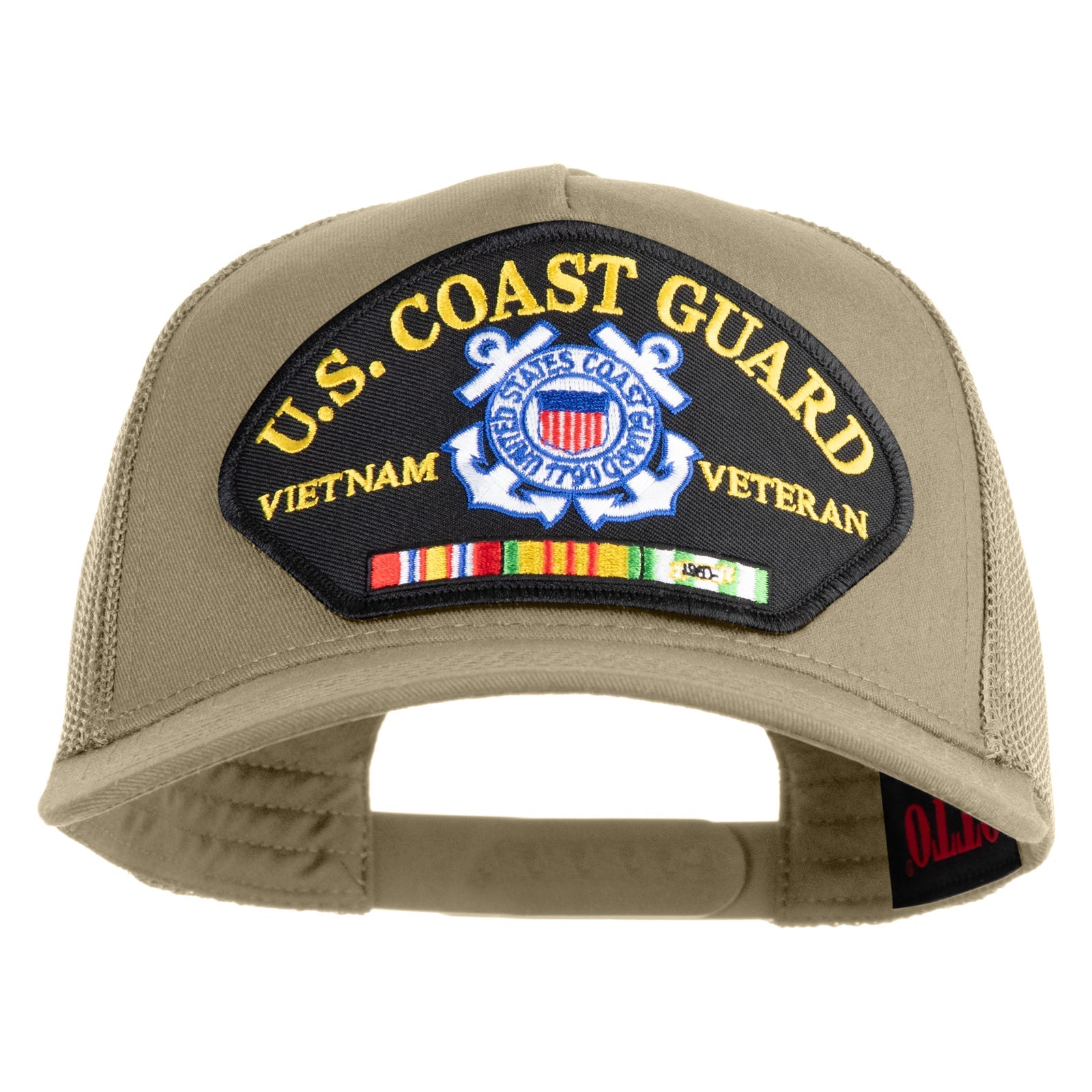 Beige cap with U.S. Coast Guard Vietnam Veteran patch on a white background