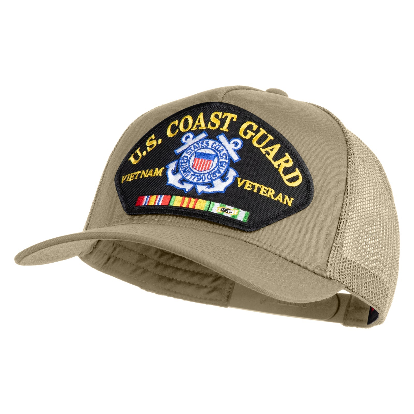 Beige cap with U.S. Coast Guard Vietnam Veteran patch on a white background