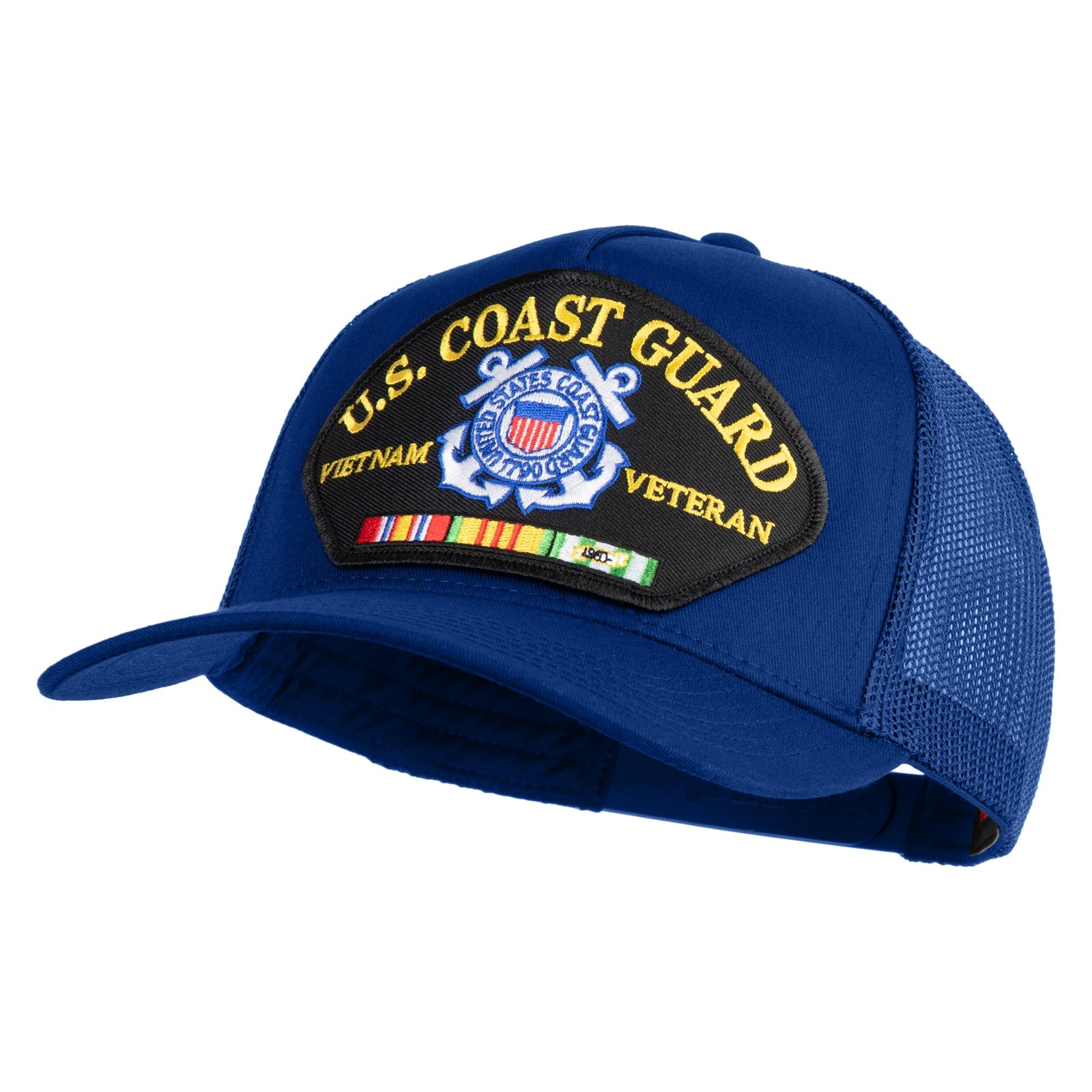 Blue cap with U.S. Coast Guard Veteran patch on a white background