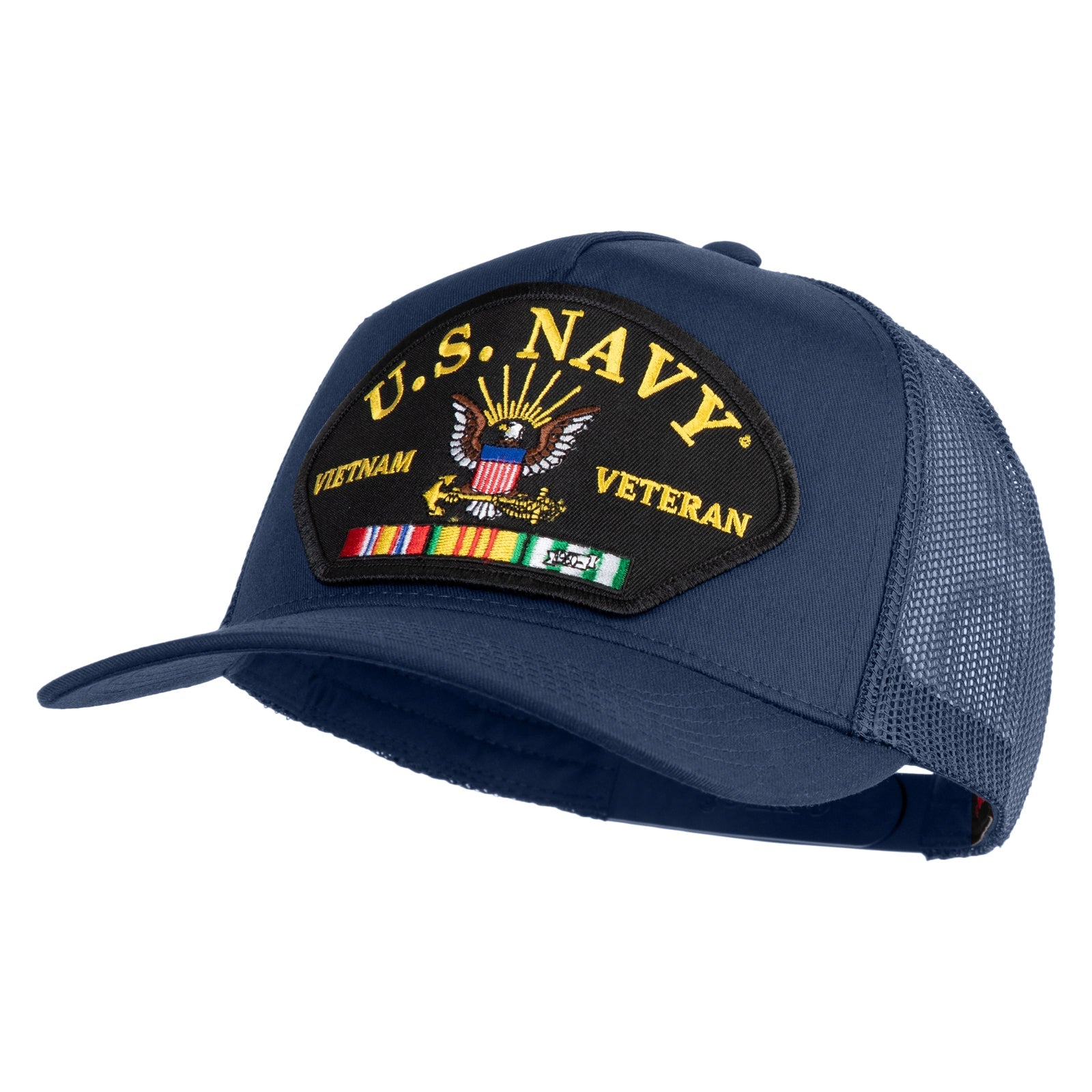 Blue cap with U.S. Navy Vietnam Veteran patch on a white background
