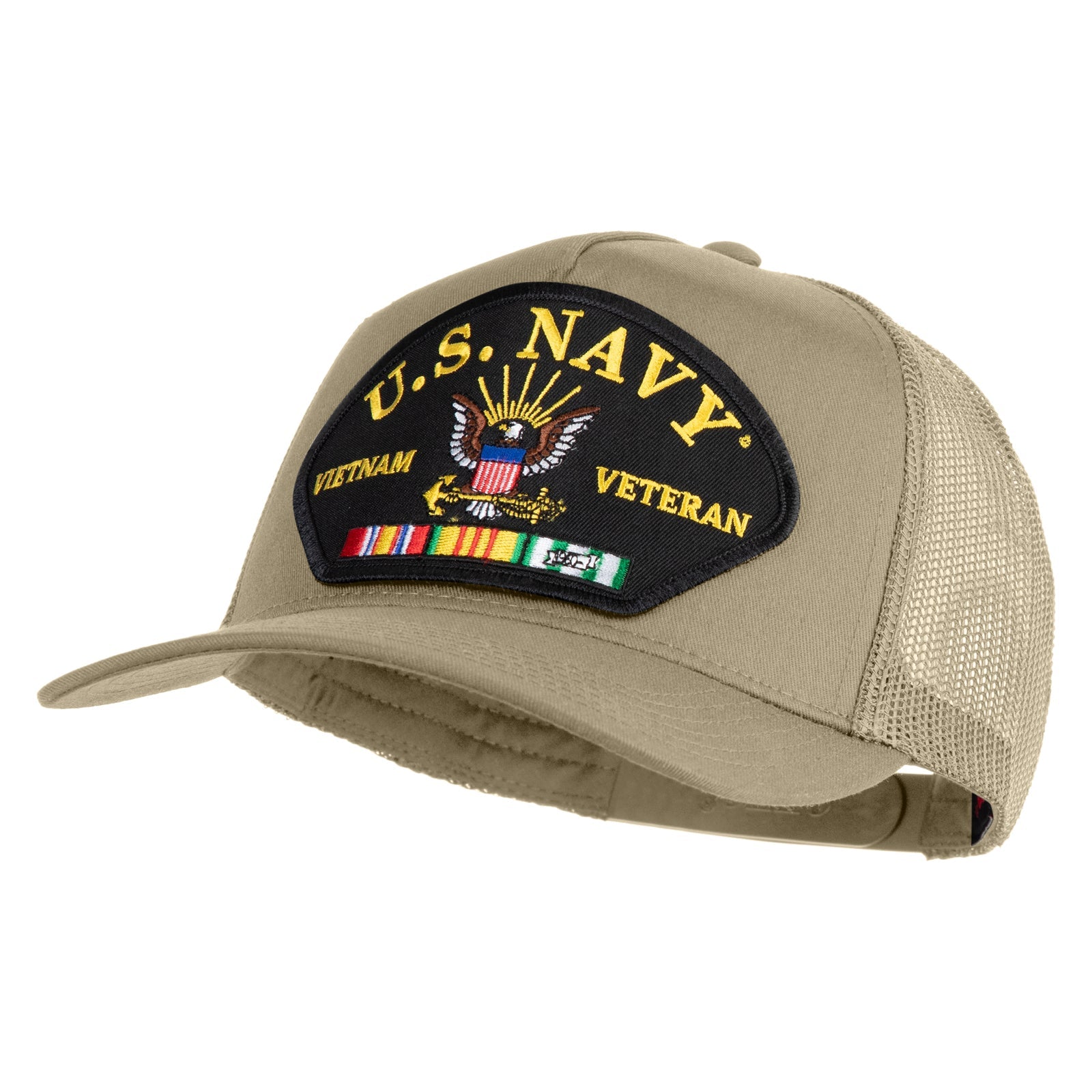 Beige cap with U.S. Navy Vietnam Veteran patch on a white background