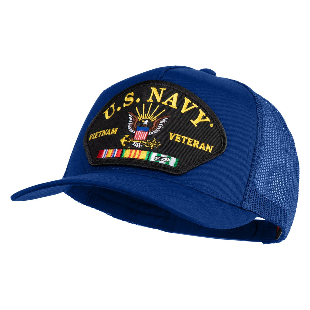 Blue cap with U.S. Navy Vietnam Veteran patch on a white background