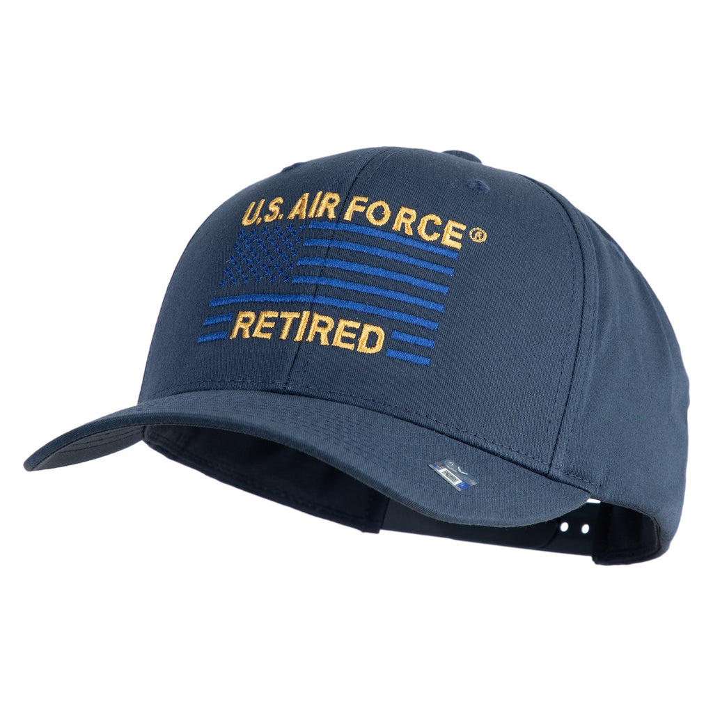 Blue U.S. Air Force retired cap with yellow text on a white background