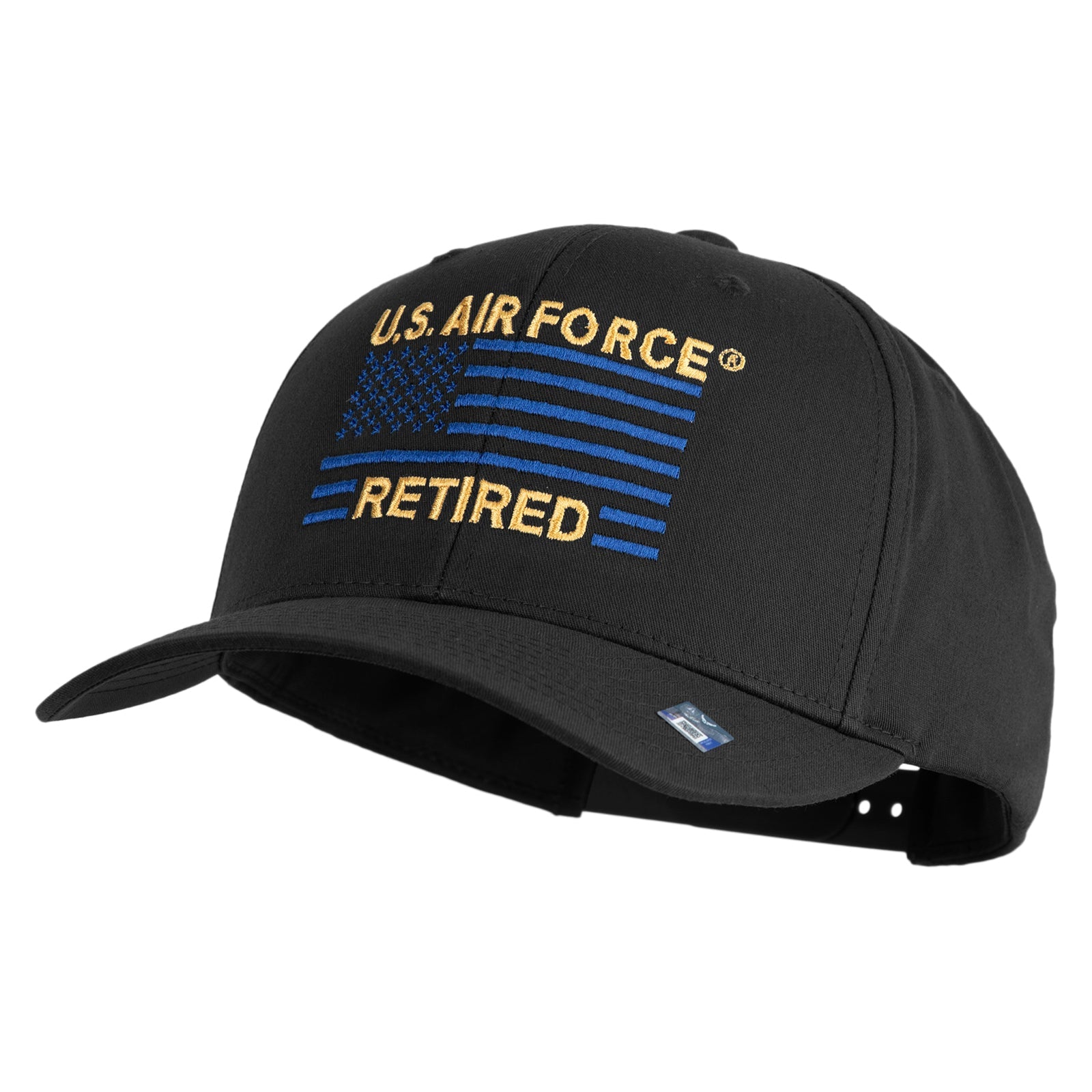 Black cap with U.S. Air Force Retired text and logo on a white background