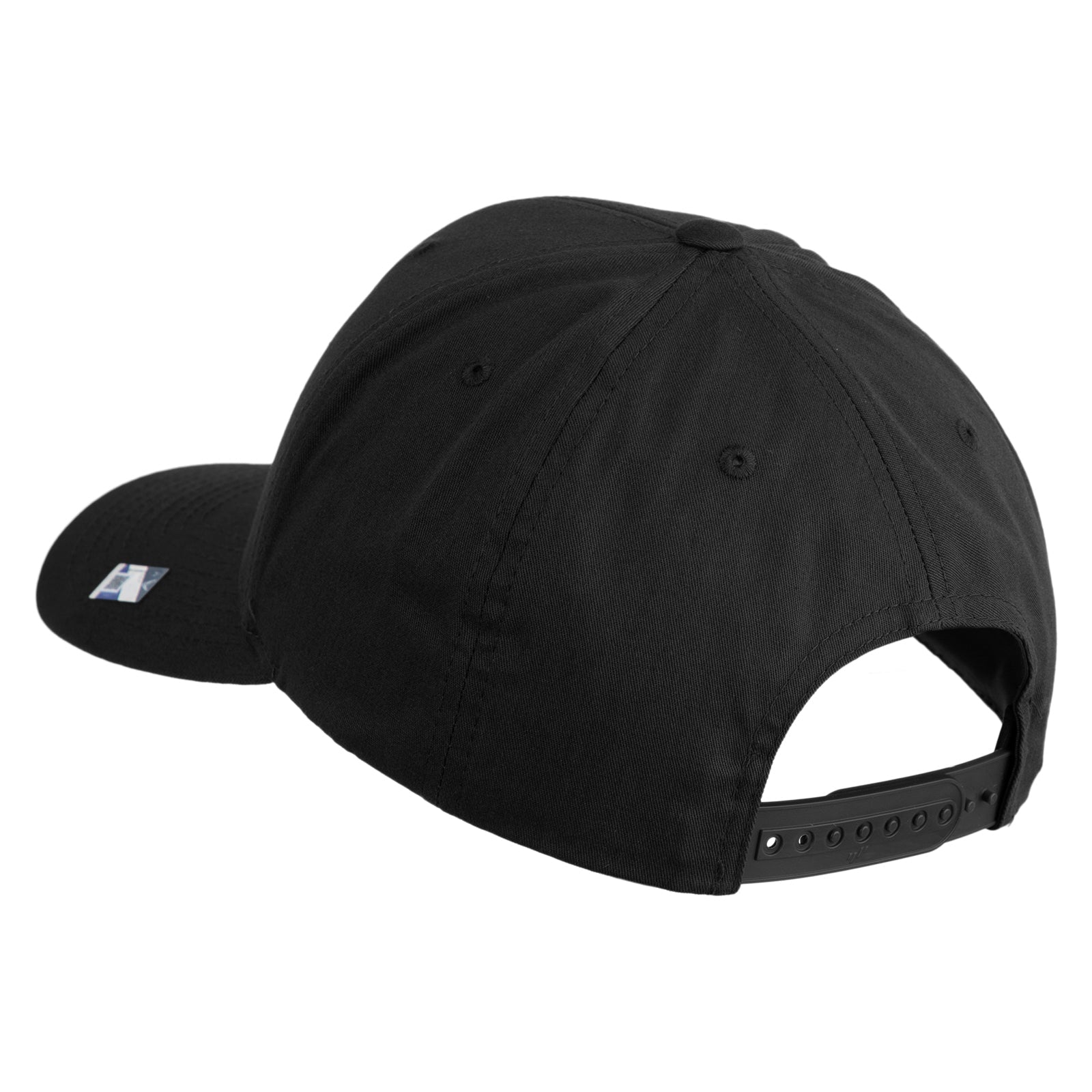 Black cap with a visible brand logo on a white background