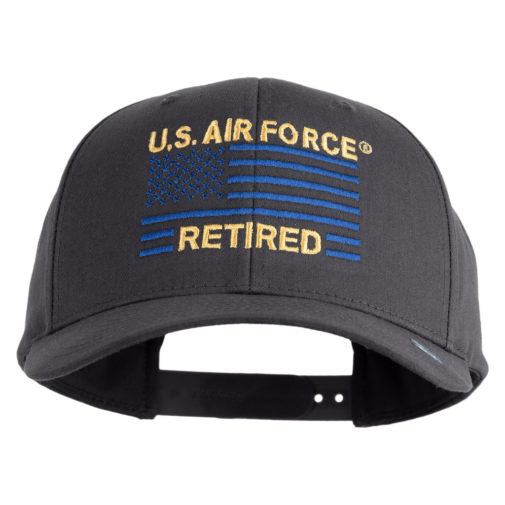 Black cap with U.S. Air Force Retired text and flag design on a white background