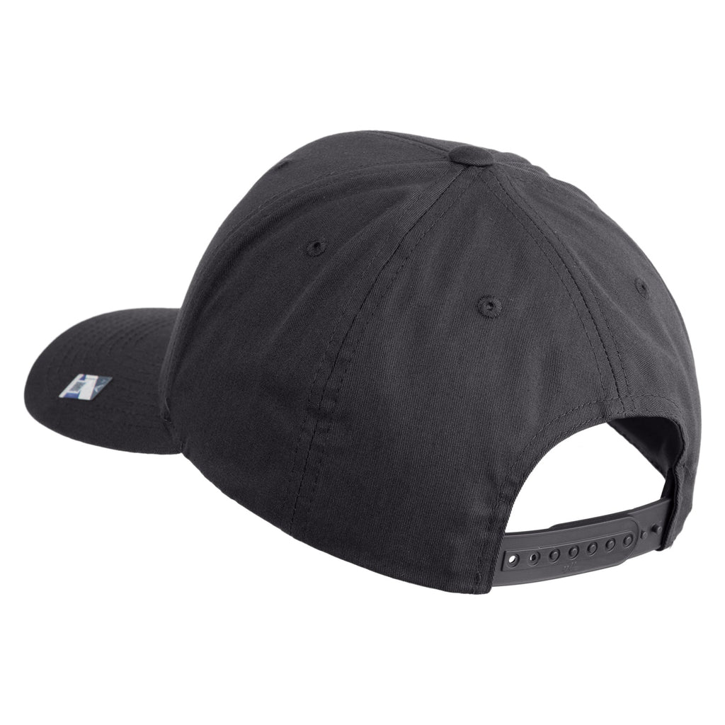 Black cap with a brand logo on a white background