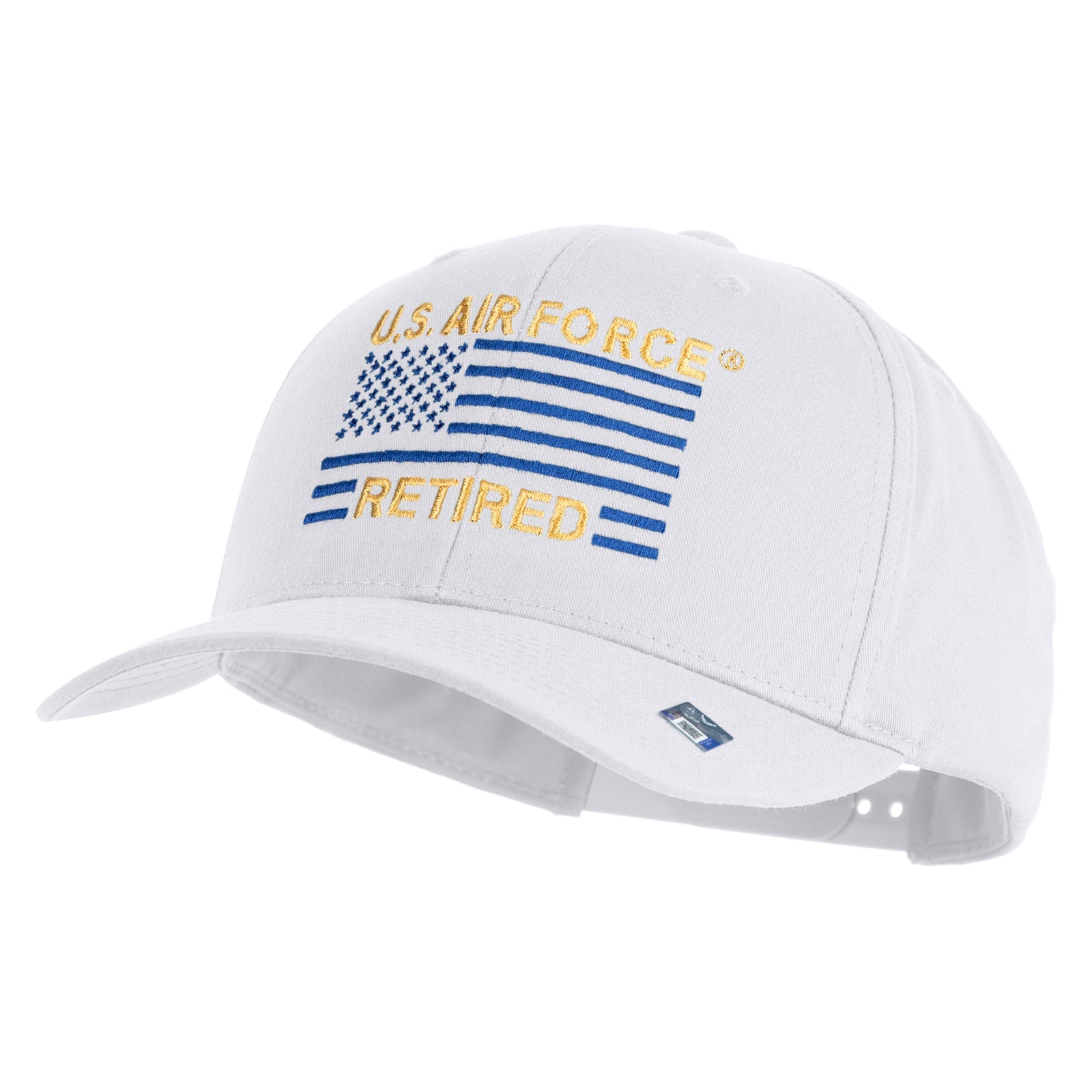 White cap with U.S. Air Force Retired text and flag design on a white background