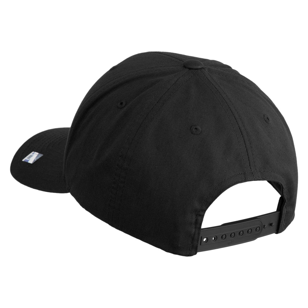 Black cap with a brand logo on the back against a white background
