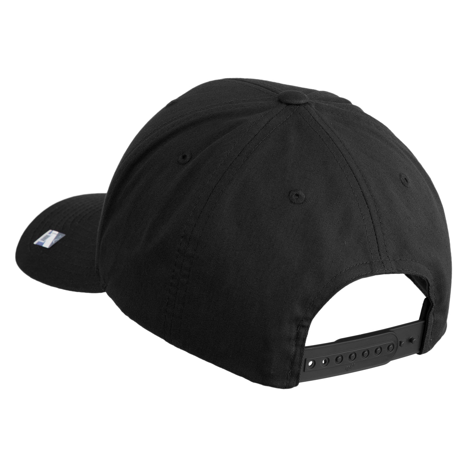 Black cap with a brand logo on the back against a white background