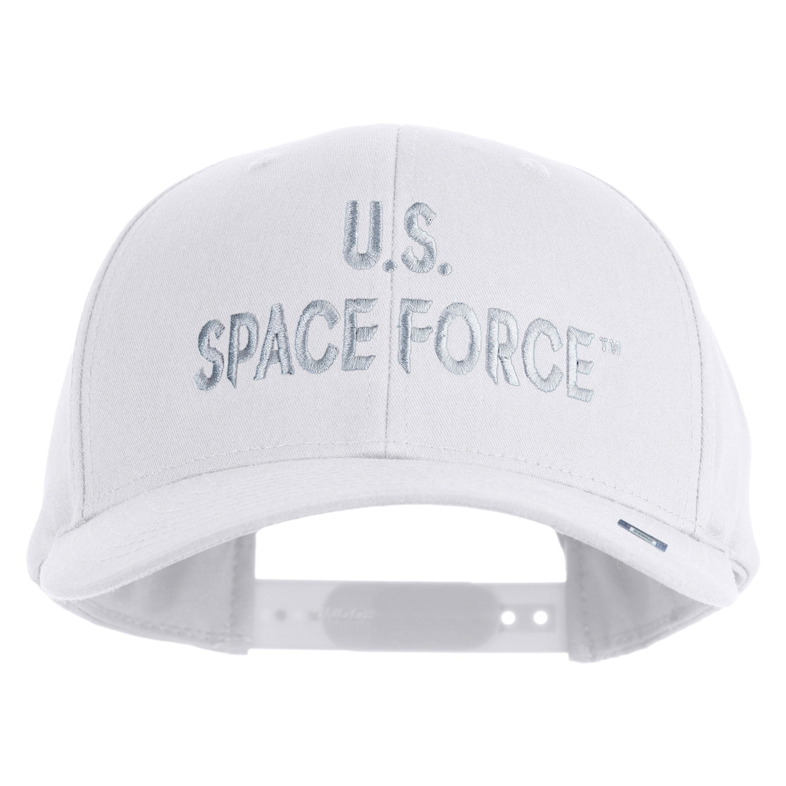White cap with 'U.S. Space Force' text on a white background