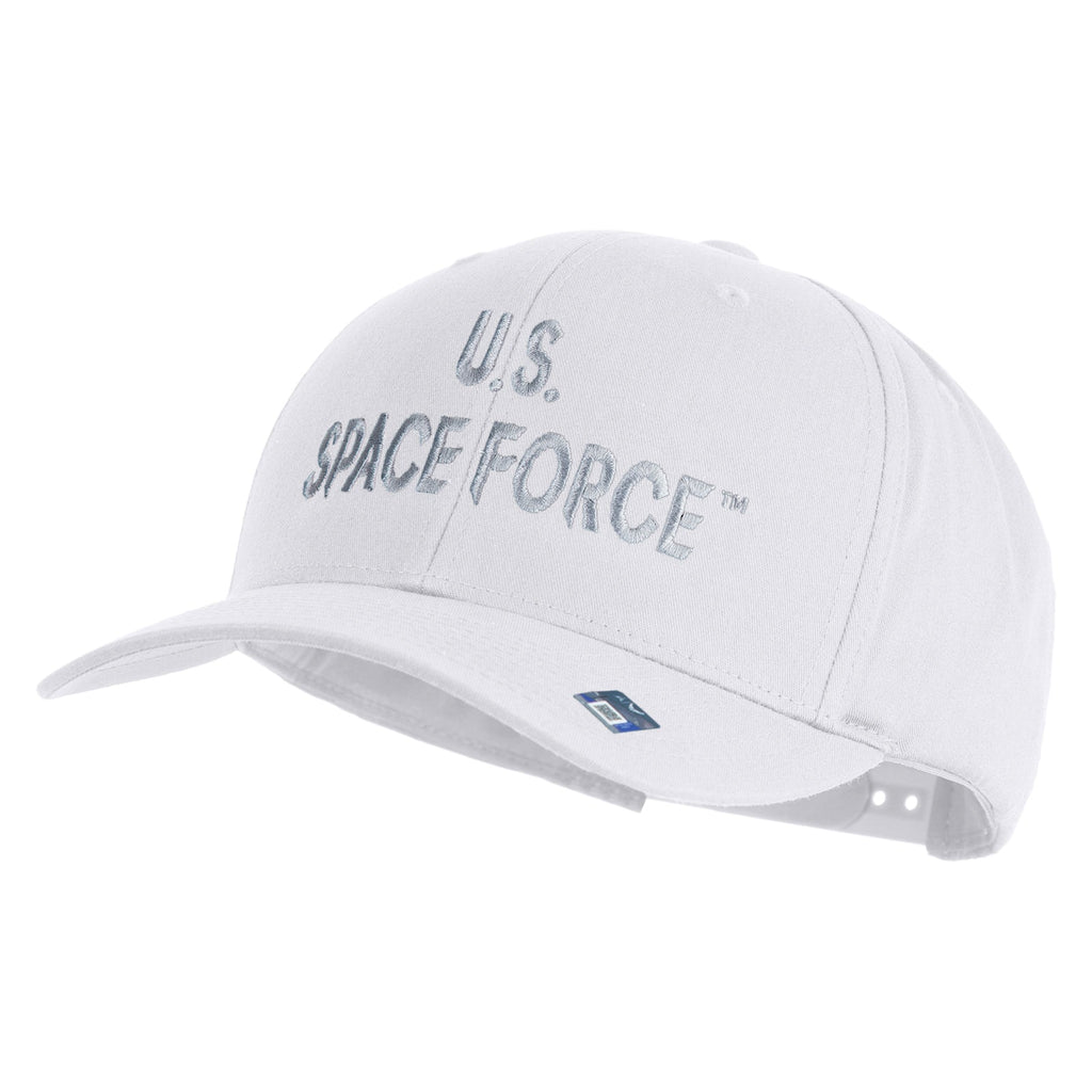 White cap with 'U.S. Space Force' text on a white background