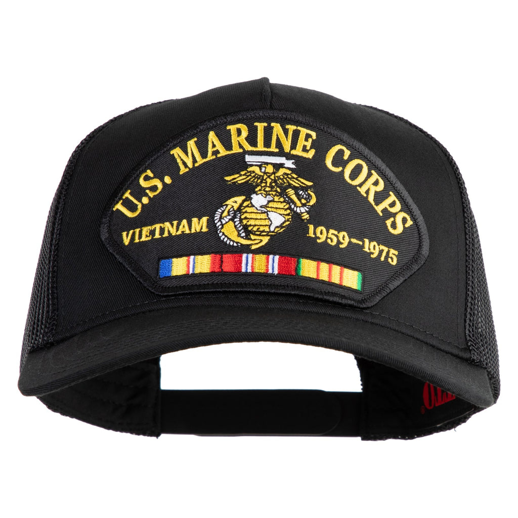 Black U.S. Marine Corps Vietnam hat with embroidered details on a white background