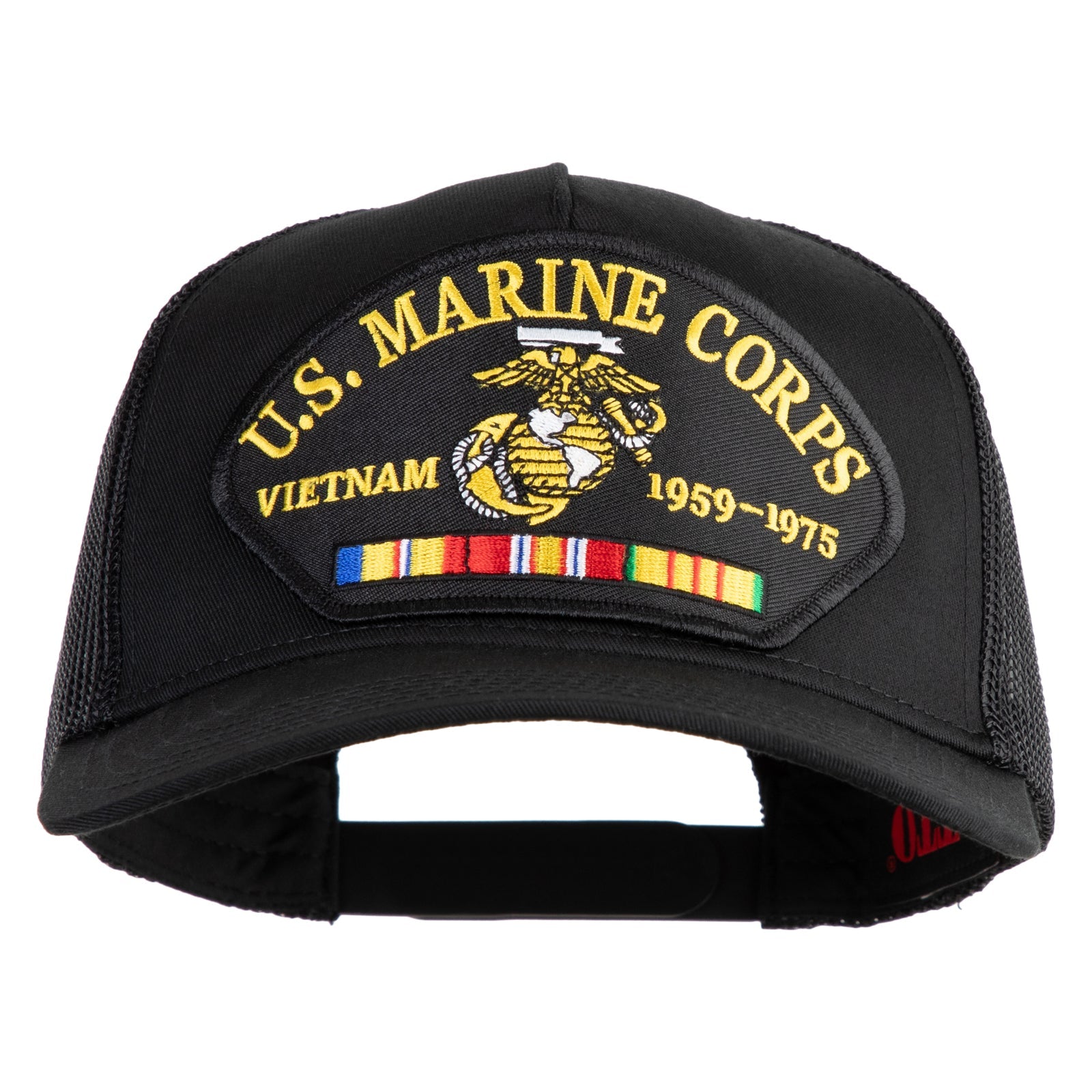 Black U.S. Marine Corps Vietnam hat with embroidered details on a white background