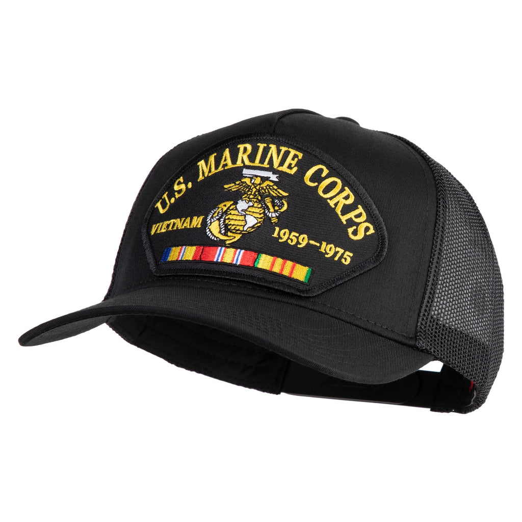 Black U.S. Marine Corps cap with Vietnam service ribbon on a white background