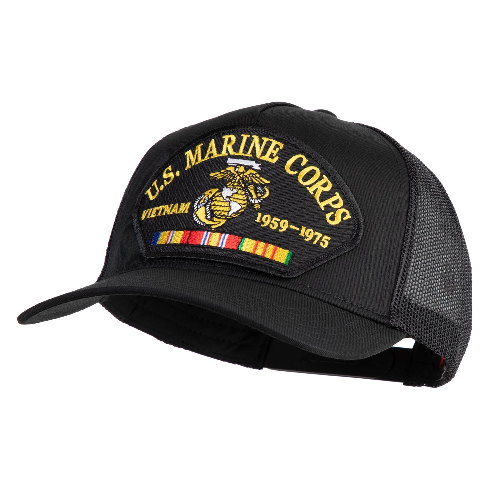 Black U.S. Marine Corps cap with Vietnam service ribbon on a white background