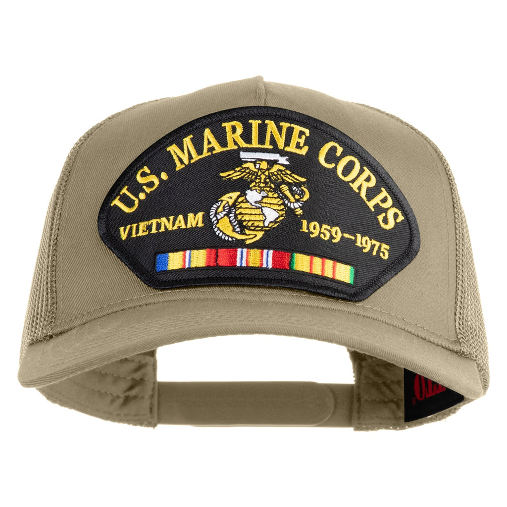 Khaki cap with U.S. Marine Corps Vietnam patch on a white background