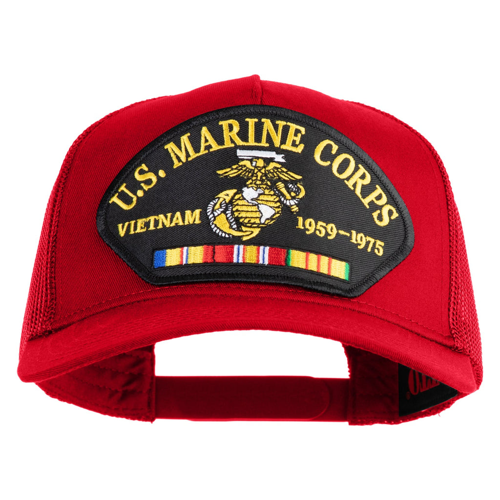 Red U.S. Marine Corps Vietnam hat with emblem and ribbons on a white background