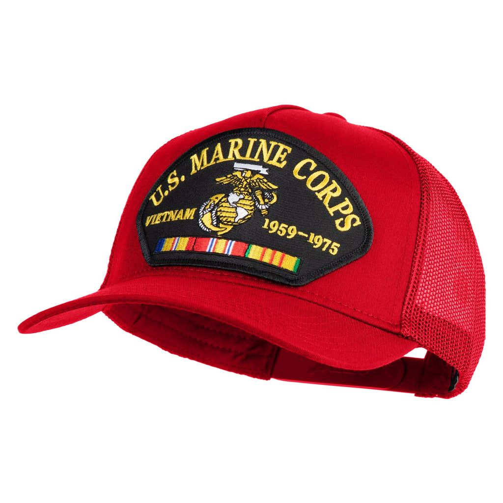 Red U.S. Marine Corps cap with Vietnam service ribbon on a white background