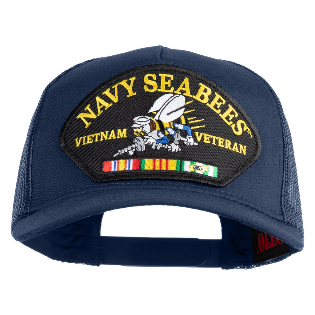 Navy Seabees Vietnam Veteran cap with embroidered patch on a white background