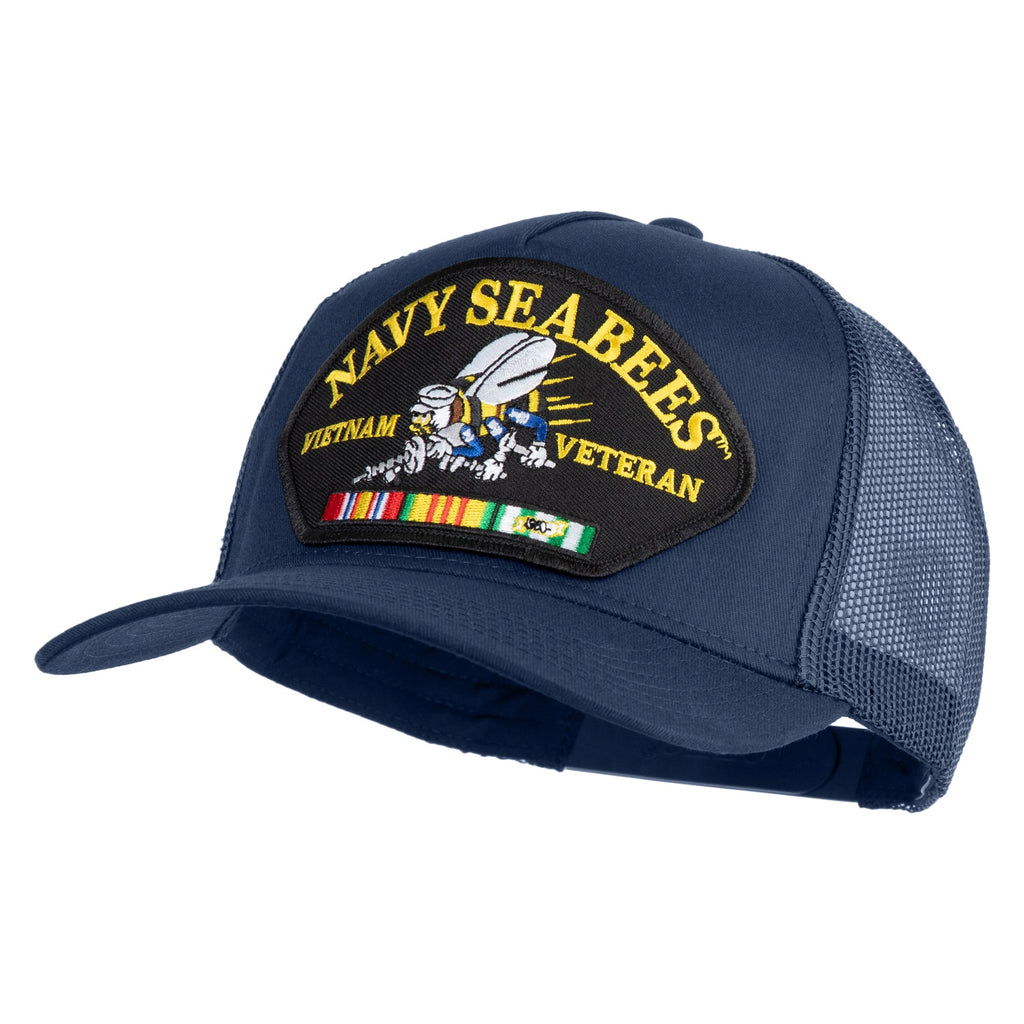 Navy Seabees Vietnam Veteran cap with embroidered patch on a white background
