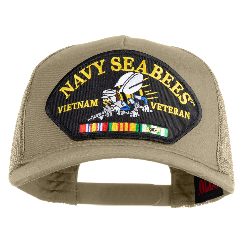 Beige cap with Navy Seabees Vietnam Veteran patch on a white background