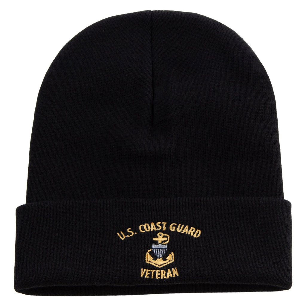 Black beanie with U.S. Coast Guard Veteran embroidery on a white background
