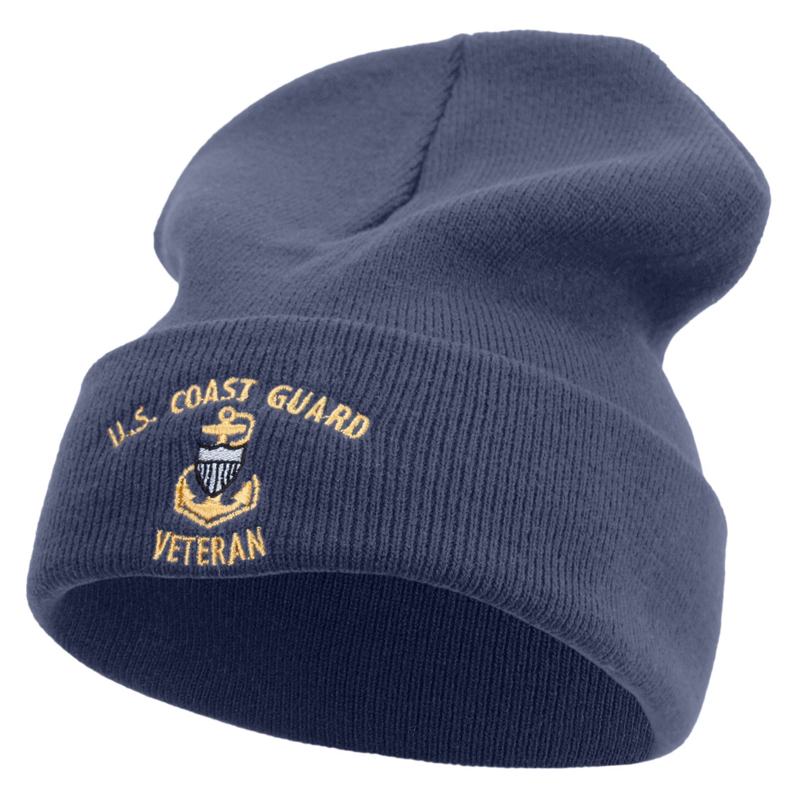 Navy blue beanie with U.S. Coast Guard Veteran embroidery on a white background