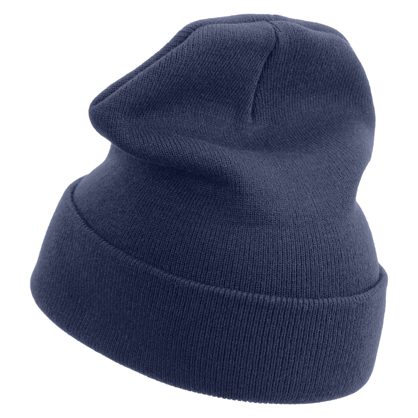 Navy blue knit beanie on a white background