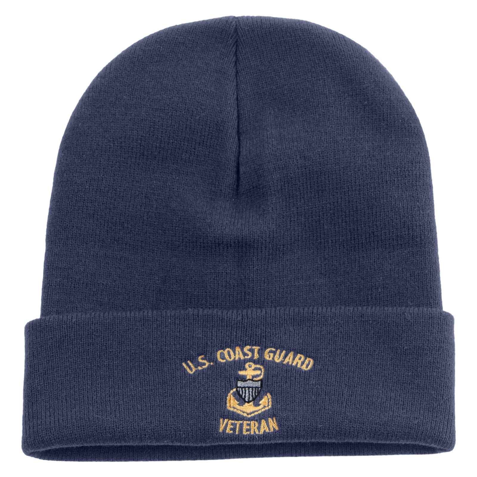 Navy blue beanie with U.S. Coast Guard Veteran logo on a white background