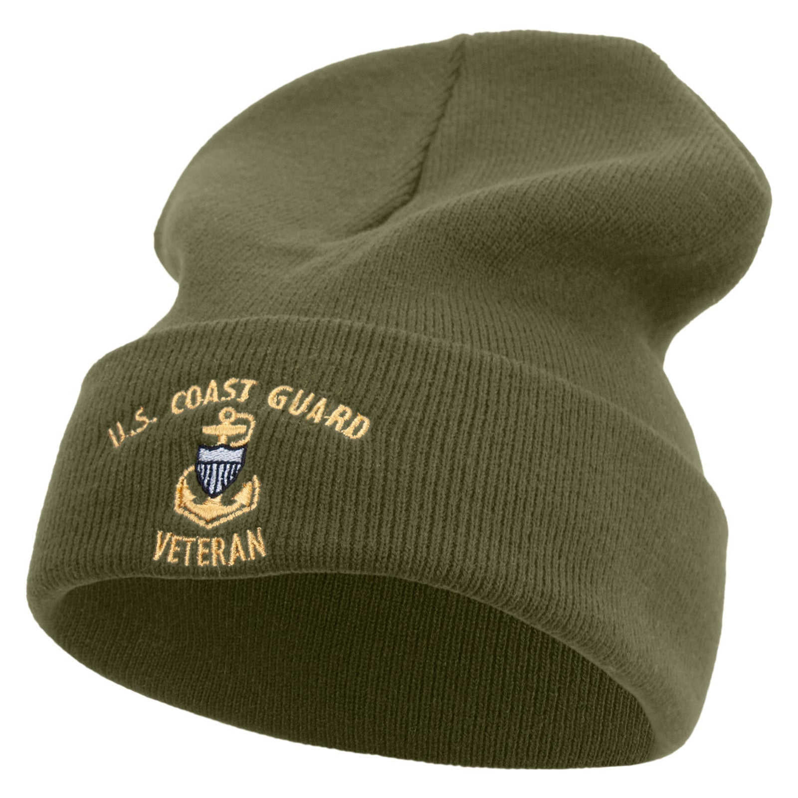Green beanie with U.S. Coast Guard Veteran embroidery on a white background