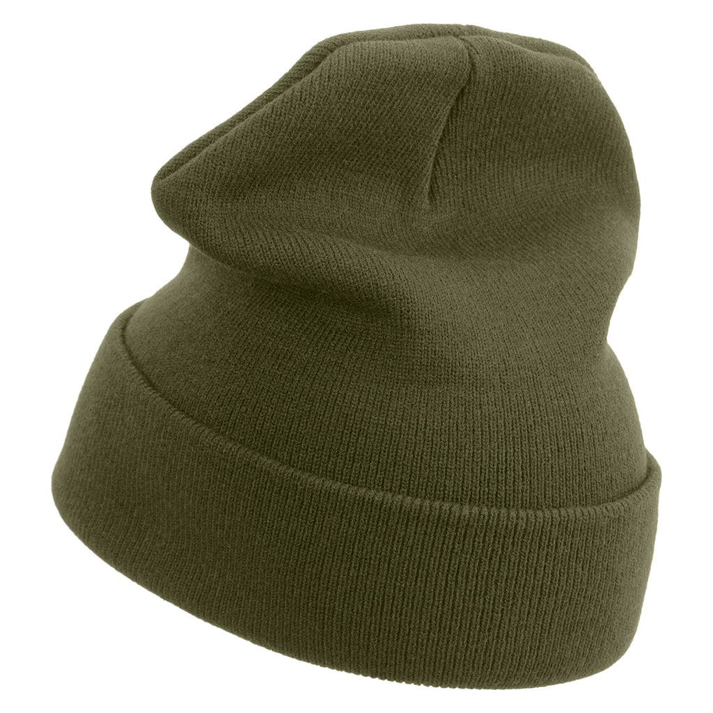 Green knit beanie on a white background