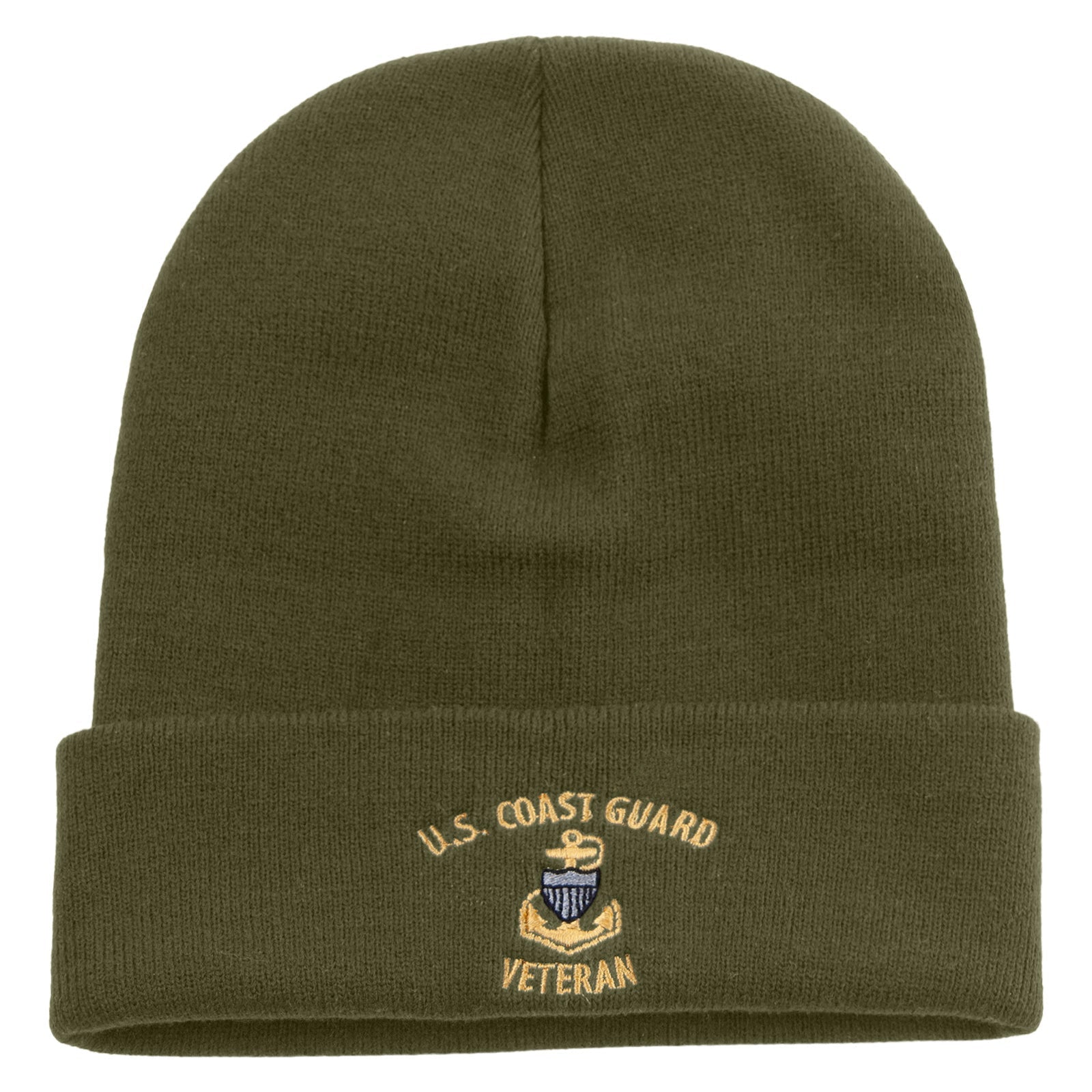 Green beanie with U.S. Coast Guard Veteran logo on a white background