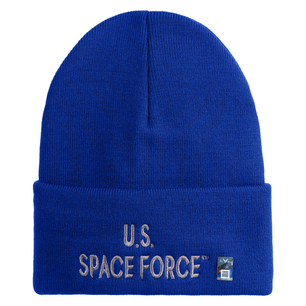 Blue beanie with 'U.S. Space Force' text on a white background