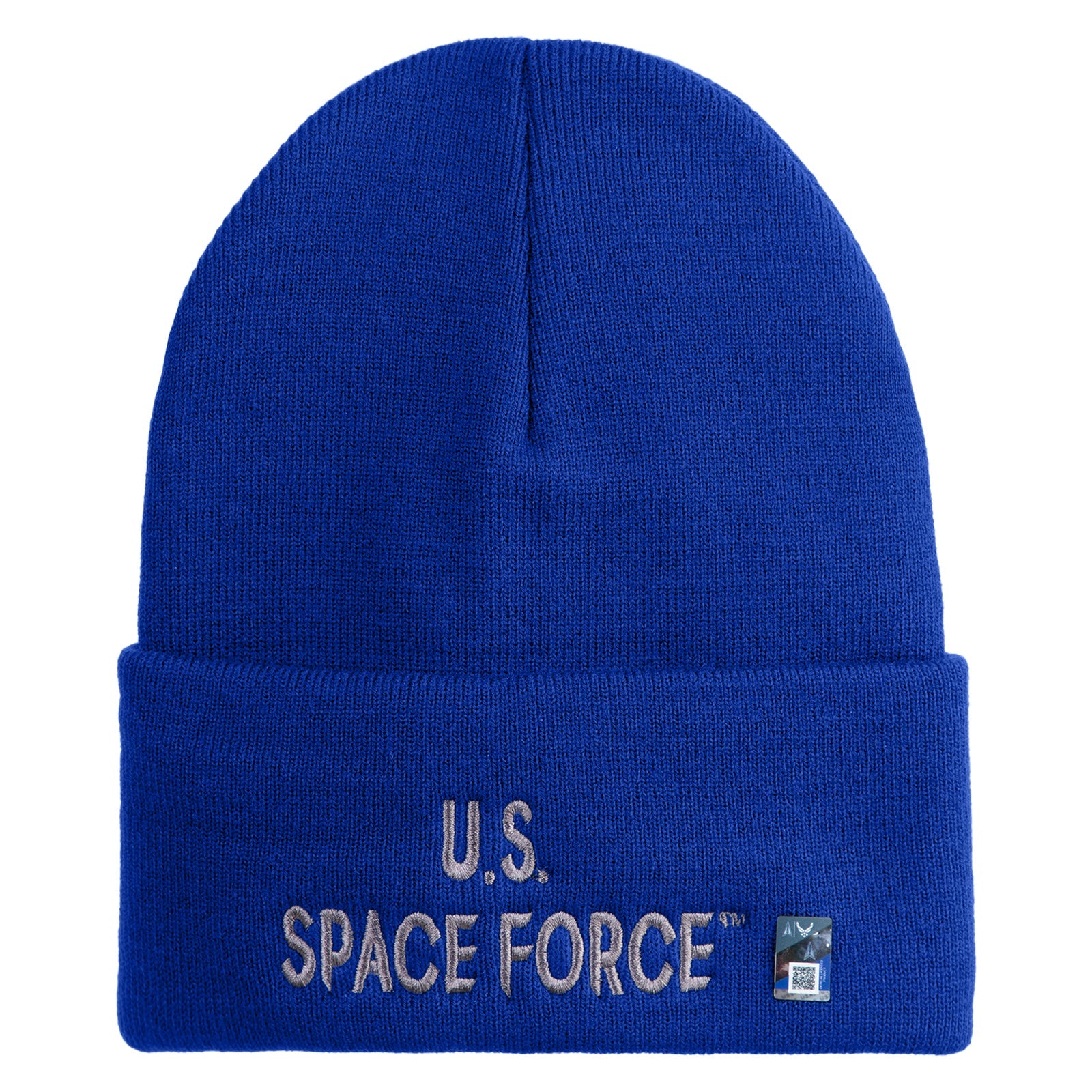 Blue beanie with 'U.S. Space Force' text on a white background