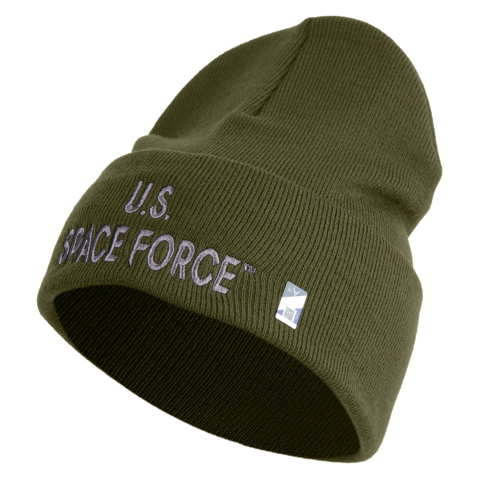 Green beanie with 'U.S. Space Force' text on a white background