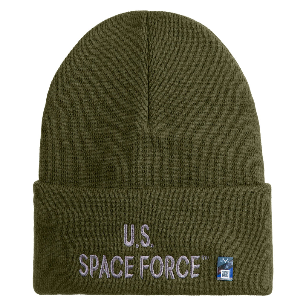 Green beanie with 'U.S. Space Force' embroidery on a white background