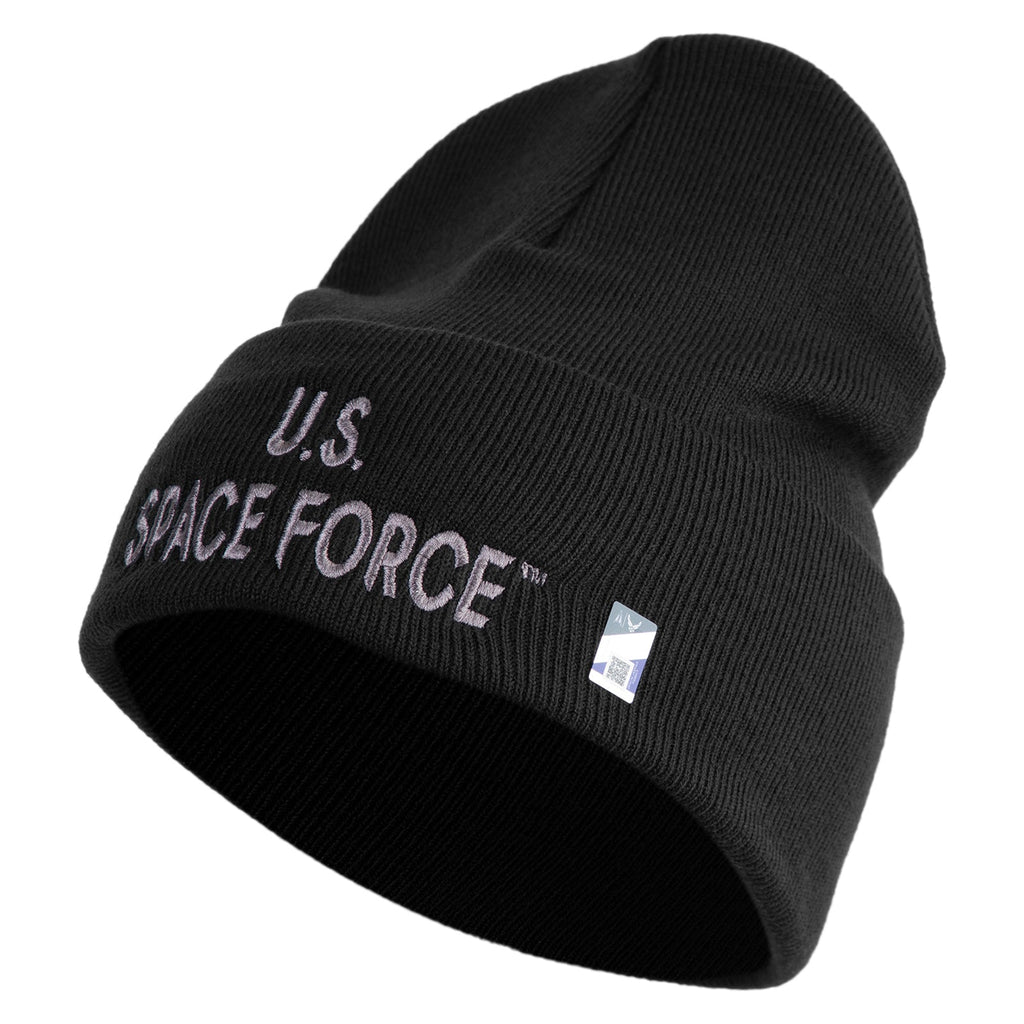 Black beanie with 'U.S. Space Force' text on a white background