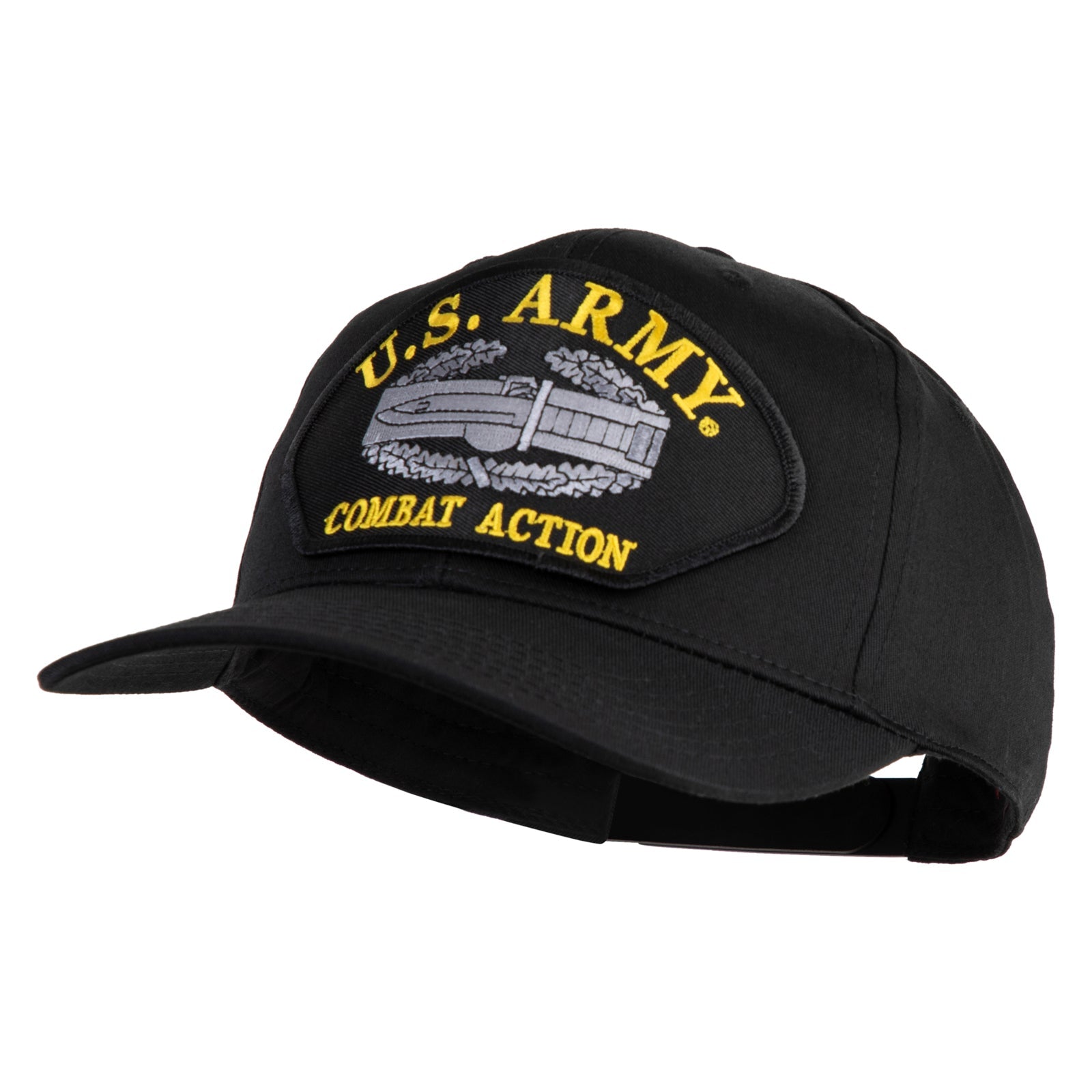 Black cap with U.S. Army Combat Action patch on a white background