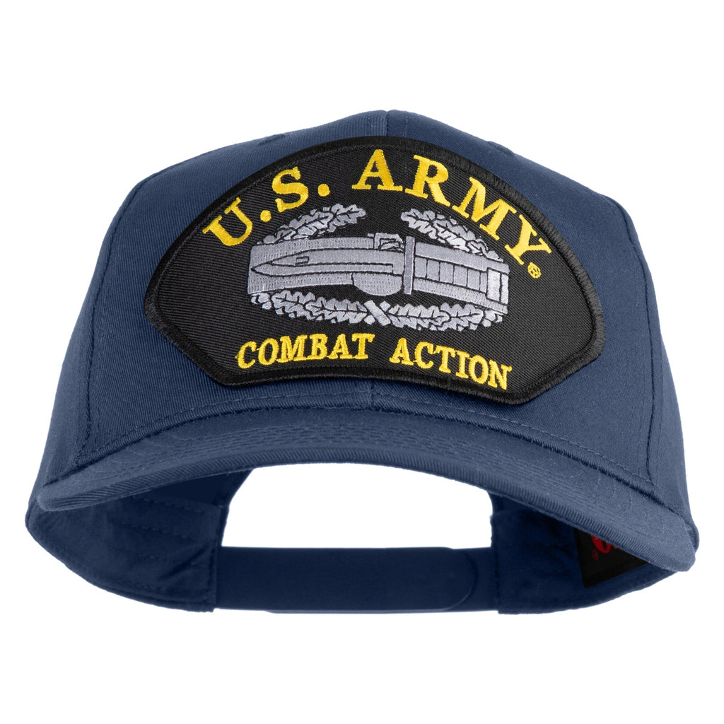 Blue cap with U.S. Army Combat Action patch on a white background