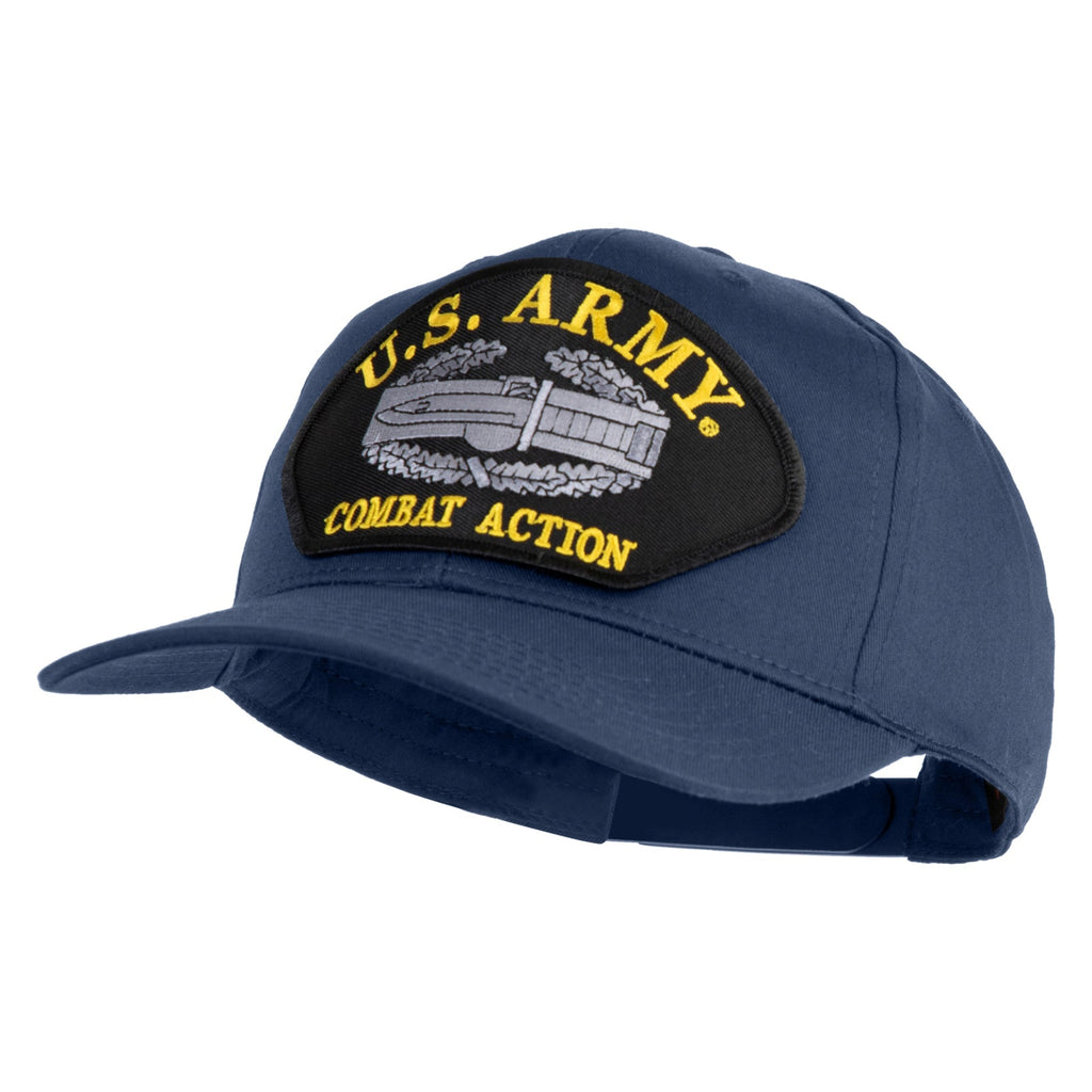 Blue cap with U.S. Army Combat Action patch on a white background