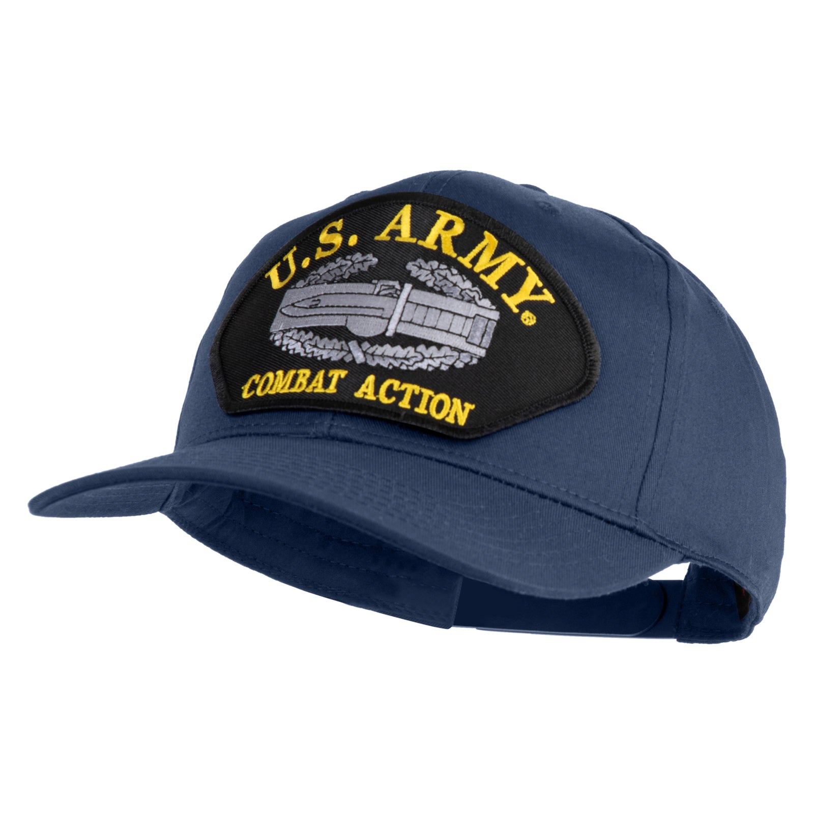 Blue cap with U.S. Army Combat Action patch on a white background