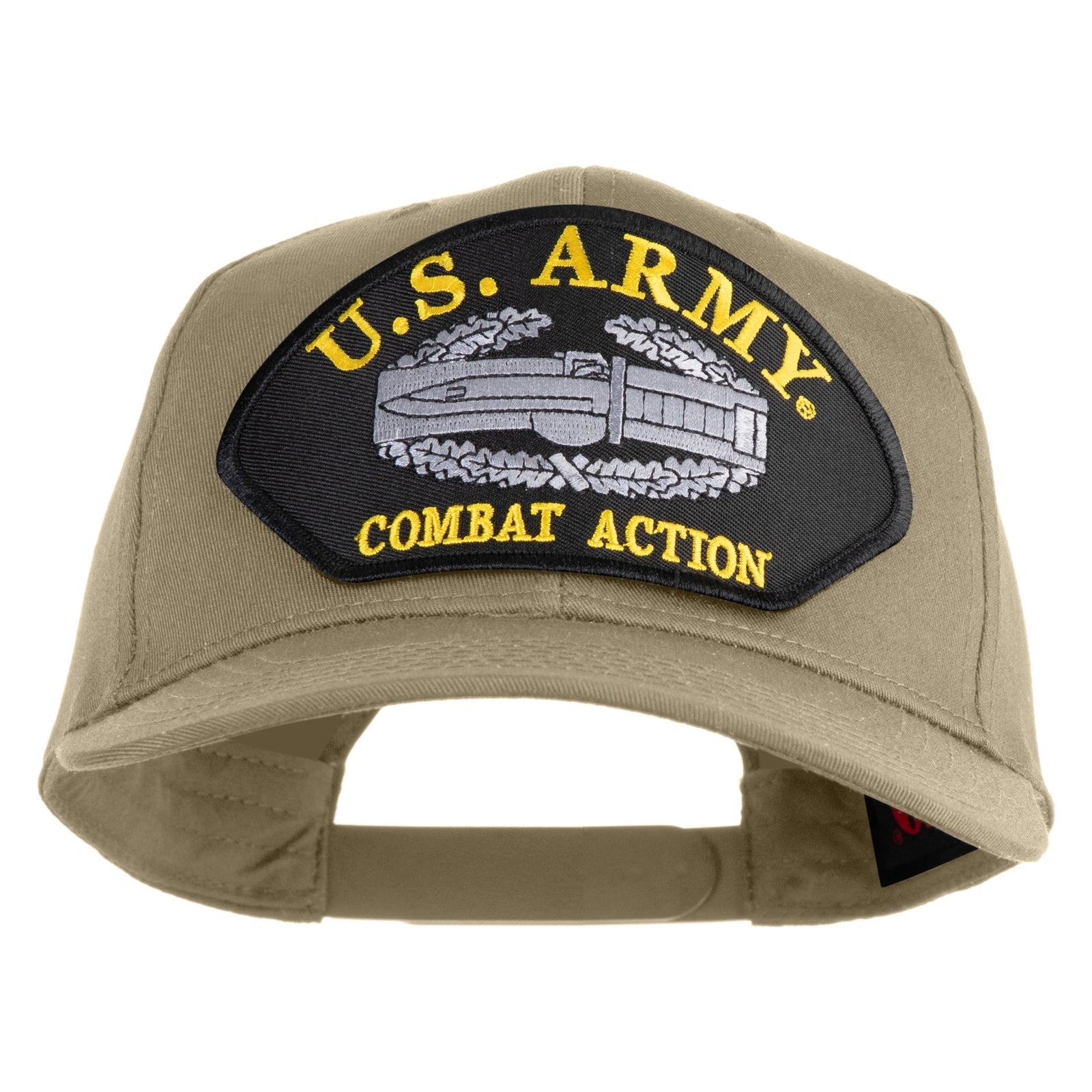Khaki cap with U.S. Army Combat Action patch on a white background