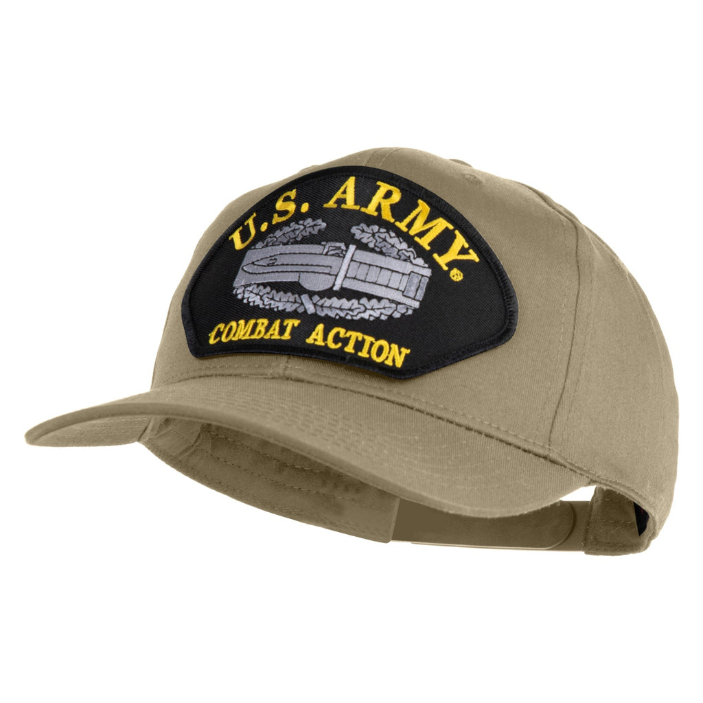 Khaki cap with U.S. Army Combat Action patch on a white background