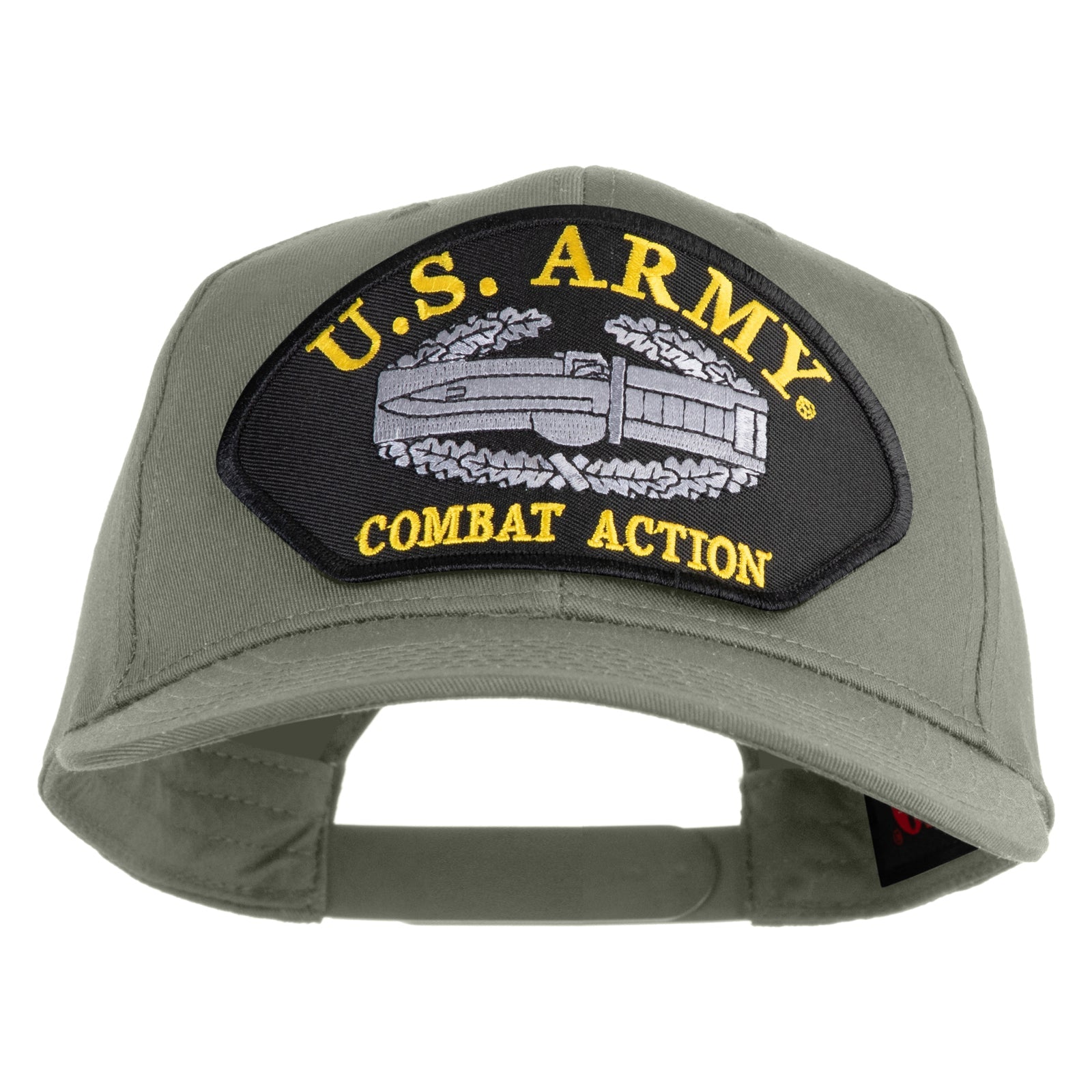 Gray cap with U.S. Army Combat Action patch on a white background